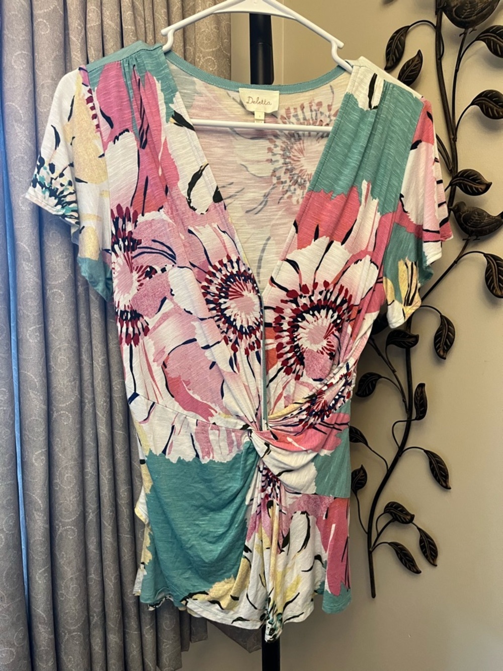Deletta Mint Trim Floral Print Top with Pink & Cream Accents